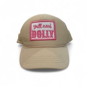 Tan Adjustable Trucker Hat with Pink Embroidery